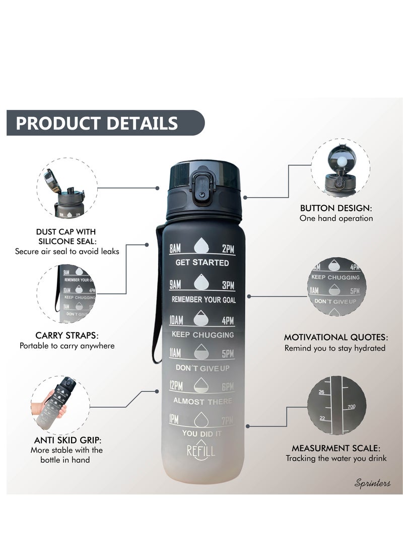 Sprinters - 1 Liters Water Bottle 32Oz Bpa Free, Multicolor - Leak Proof With Motivational Quote And Time Marker, Anti Slip For Sport ,Fitness, Gym , Picnic (1 Liter, Black/Gray Gradient) - Image 2