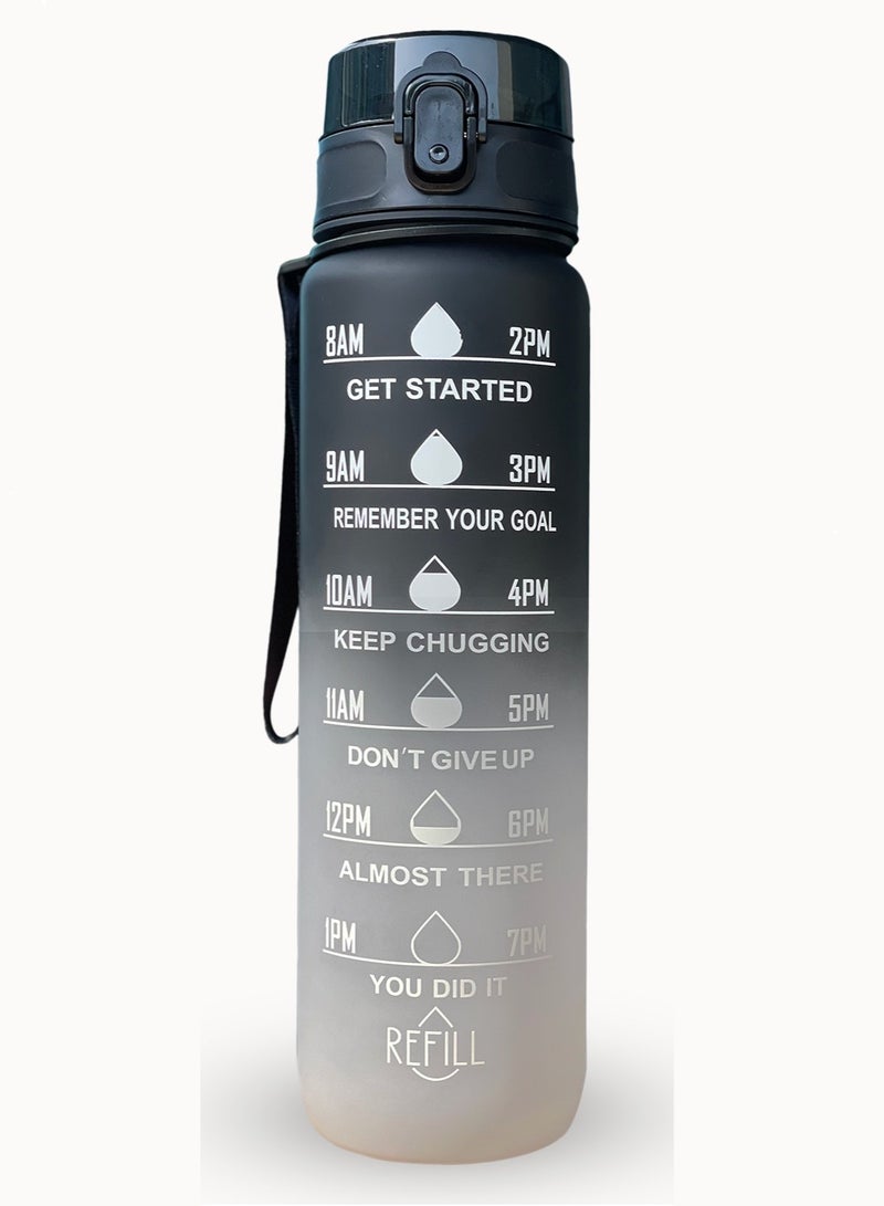 Sprinters - 1 Liters Water Bottle 32Oz Bpa Free, Multicolor - Leak Proof With Motivational Quote And Time Marker, Anti Slip For Sport ,Fitness, Gym , Picnic (1 Liter, Black/Gray Gradient) - Image 1