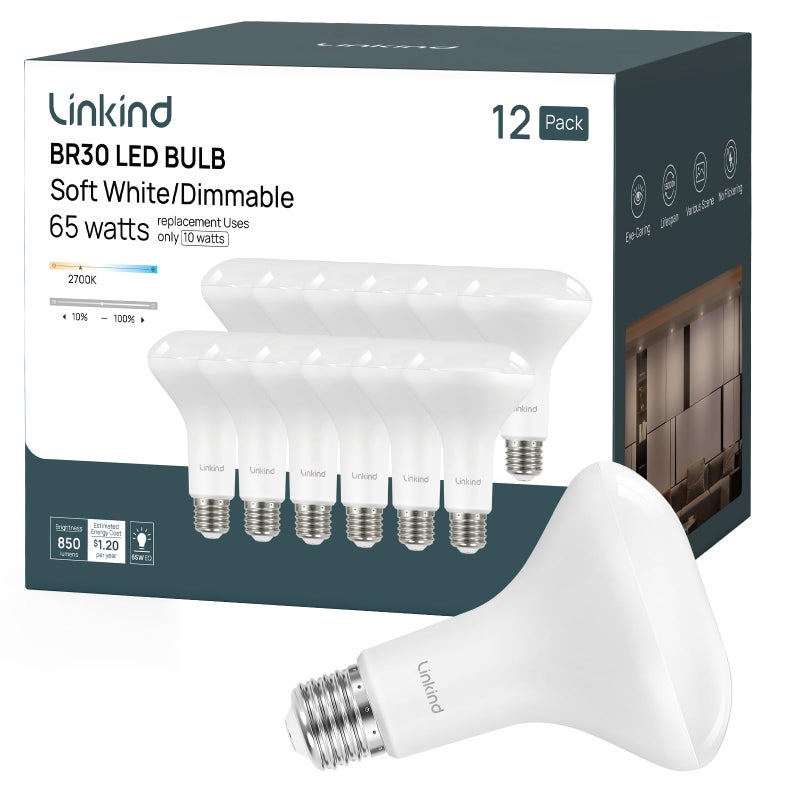 Linkind BR30 LED Flood Light Bulbs Indoor, 65W Equivalent Dimmable LED Recessed Bulbs, 10W 850 Lumens, 2700K Soft White E26 Base, Recessed Can Light Bulb for Bedroom Dining Room Bathroom, 12 Packs - Image 1