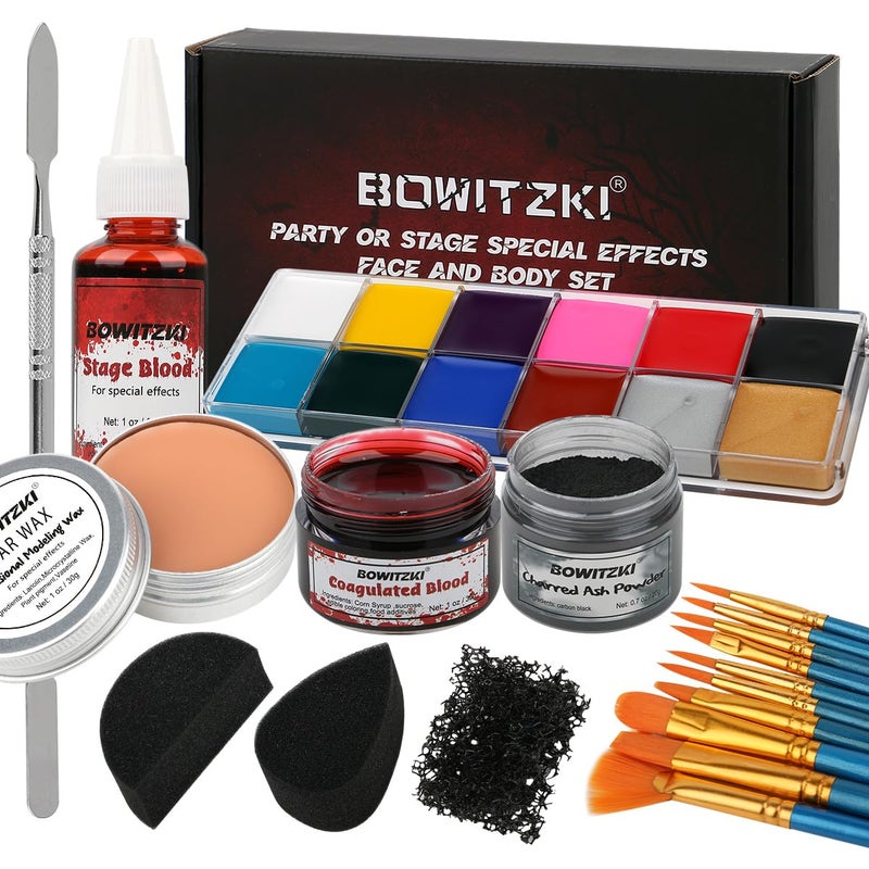 Bowitzki Halloween Makeup Special Effects Oil Face Body Paint Fake Blood Scar Wax Charred Ash Powder with Sponges Brush Halloween Party SFX Cosplay - Image 1