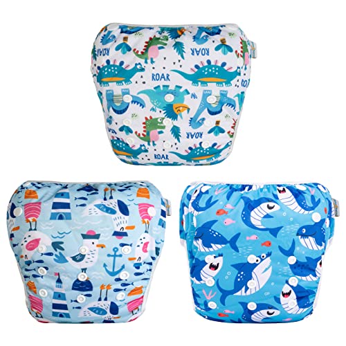 Babygoal Baby Boy Swim Diapers 3 Pack for 08 Months Infant Reusable Adjustable Washable for Swimming LessonsDinosaurSharkFish