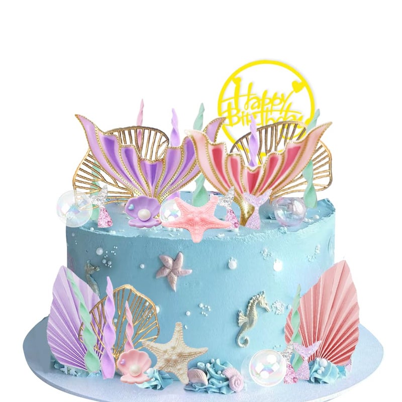 DiDida Mermaid Cake Topper Big Mermaid Tails Seaweed Bubbles Shells and Golden Ginkgo Leaves Cake Set for Mermaid Under the sea Cake Decor - Image 3