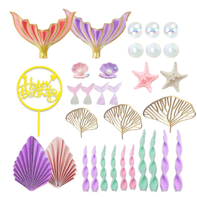 DiDida Mermaid Cake Topper Big Mermaid Tails Seaweed Bubbles Shells and Golden Ginkgo Leaves Cake Set for Mermaid Under the sea Cake Decor - Image 2