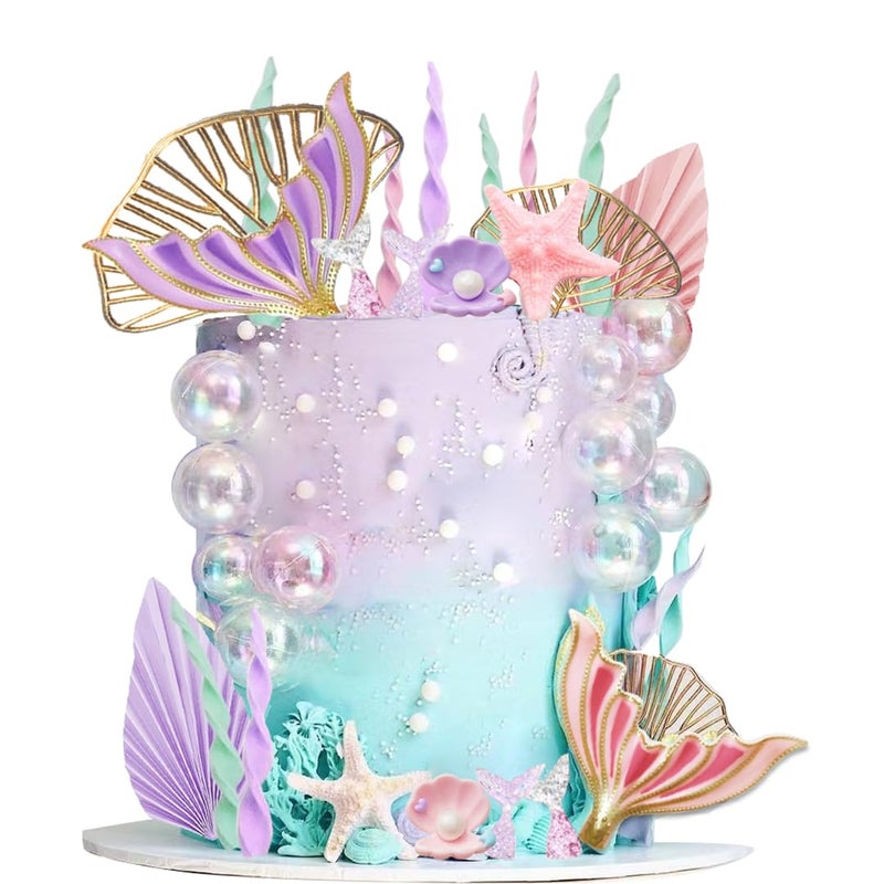 DiDida Mermaid Cake Topper Big Mermaid Tails Seaweed Bubbles Shells and Golden Ginkgo Leaves Cake Set for Mermaid Under the sea Cake Decor - Image 1