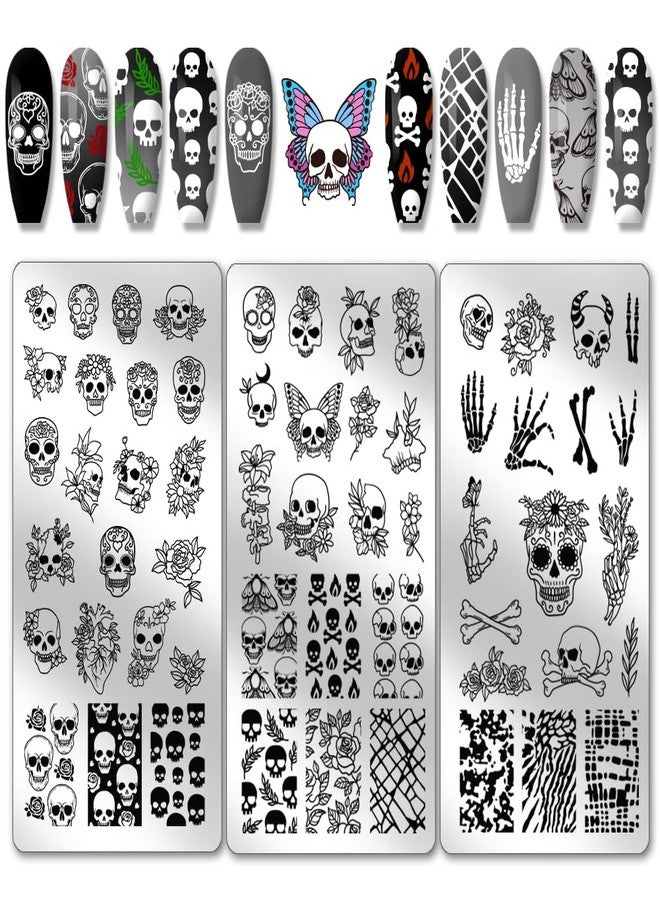PH PandaHall 3pcs Gothic Skull Nail Stamper, 58 Patterns Horror Skeleton Flower Nail Stamping Plate Nail Art Stencils Stainless Steel Nail Image Plates for Nail Design Print Manicure Salon Halloween - Image 1