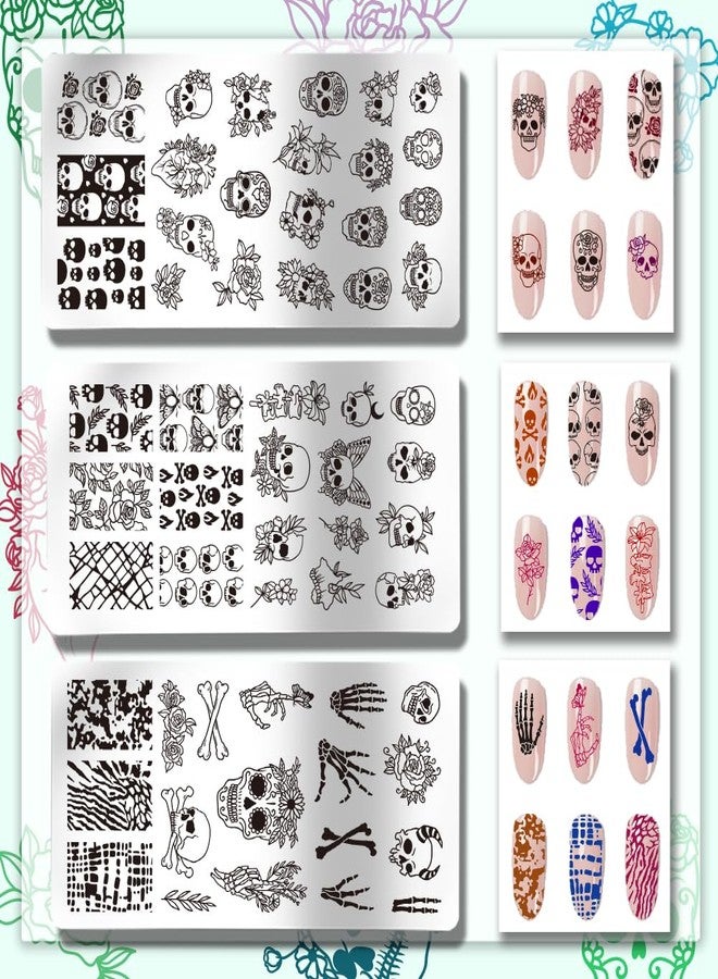 PH PandaHall 3pcs Gothic Skull Nail Stamper, 58 Patterns Horror Skeleton Flower Nail Stamping Plate Nail Art Stencils Stainless Steel Nail Image Plates for Nail Design Print Manicure Salon Halloween - Image 3