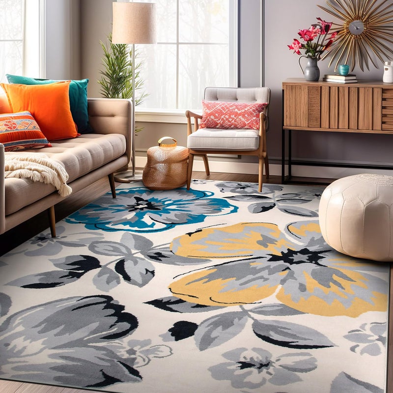 Rugshop Modern Floral Design for Living Room,Bedroom,Home Office,Kitchen Non Shedding Area Rug 7'6" X 9' 5" Cream - Image 1