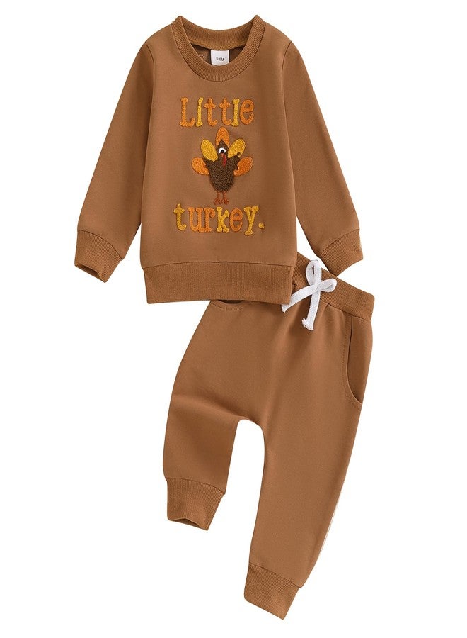 Mobbdow Toddler Baby Boy Girl Thanksgiving Outfit Little Turkey Embroidery Crewneck Sweatshirt and Pants Set 2Pcs Fall Outfit (Brown, 2-3 Years) - Image 1