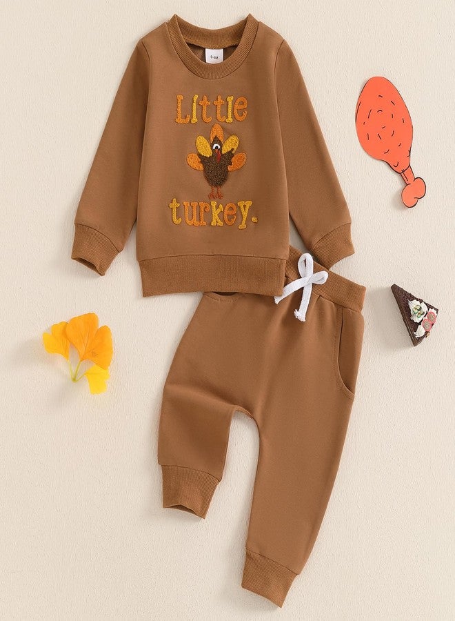 Mobbdow Toddler Baby Boy Girl Thanksgiving Outfit Little Turkey Embroidery Crewneck Sweatshirt and Pants Set 2Pcs Fall Outfit (Brown, 2-3 Years) - Image 2