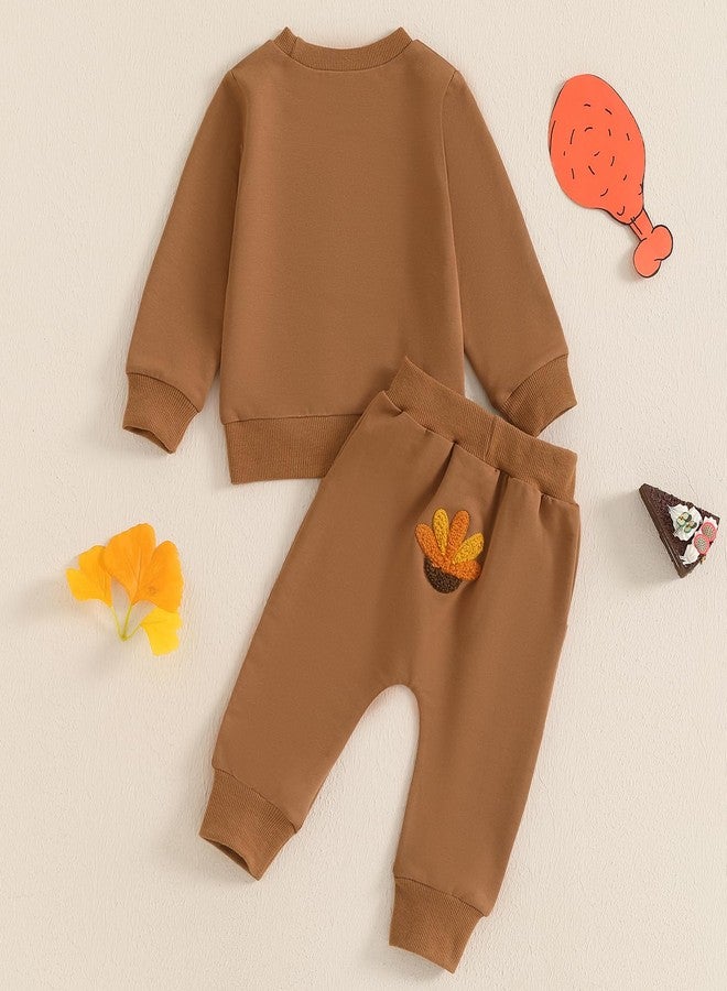 Mobbdow Toddler Baby Boy Girl Thanksgiving Outfit Little Turkey Embroidery Crewneck Sweatshirt and Pants Set 2Pcs Fall Outfit (Brown, 2-3 Years) - Image 3