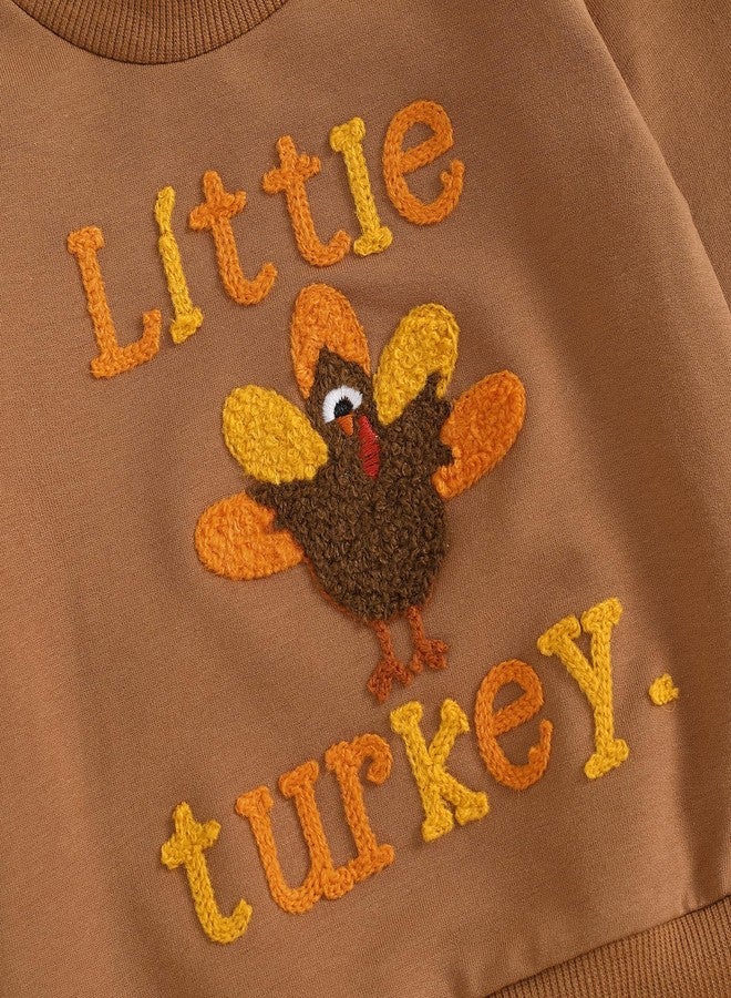 Mobbdow Toddler Baby Boy Girl Thanksgiving Outfit Little Turkey Embroidery Crewneck Sweatshirt and Pants Set 2Pcs Fall Outfit (Brown, 2-3 Years) - Image 5
