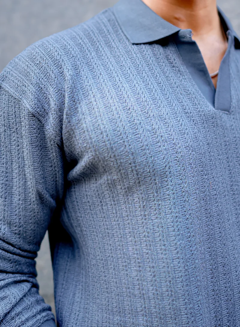 Maniac Maniac Mens Textured Polo V Neck Full Sleeve Light Grey Cotton Overszied Sweatshirt