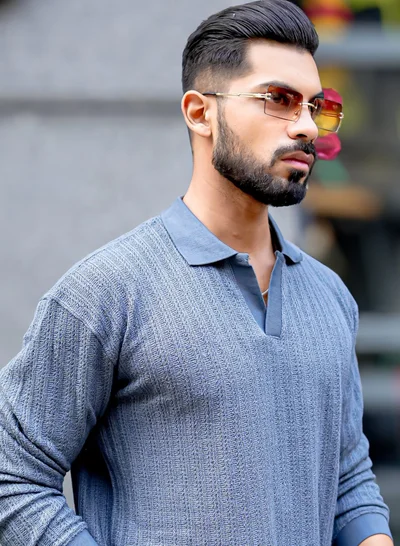 Maniac Maniac Mens Textured Polo V Neck Full Sleeve Light Grey Cotton Overszied Sweatshirt