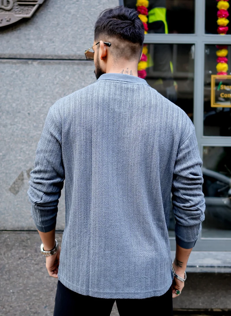 Maniac Maniac Mens Textured Polo V Neck Full Sleeve Light Grey Cotton Overszied Sweatshirt