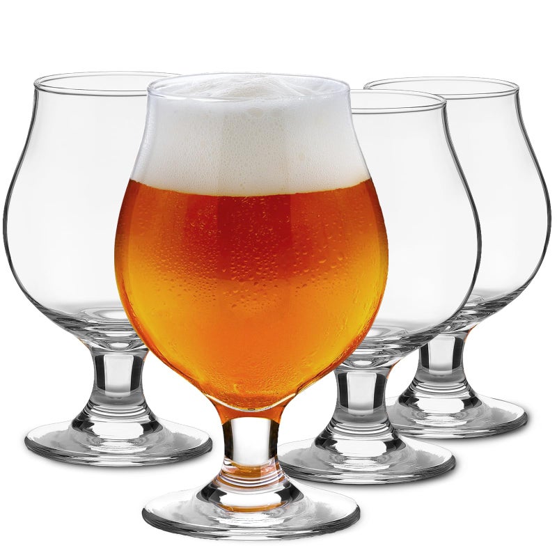 Meolibour Beer Glasses Set of 4 16 OZ Classic Craft Goblet Glasses Premium Tumbler Set Pub Unique Design Beer Glasses Dishwasher Safe