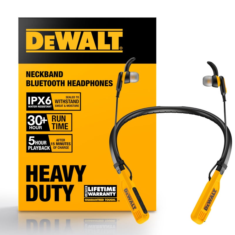DEWALT Heavy Duty Bluetooth Neckband Headphones, Wireless Around The Neck Earbuds w/ 30H Runtime + Noise Isolation, Secure Magnetic Wireless Earbuds, Jobsite Pro Built-in Mic Bluetooth Headsets - Image 1