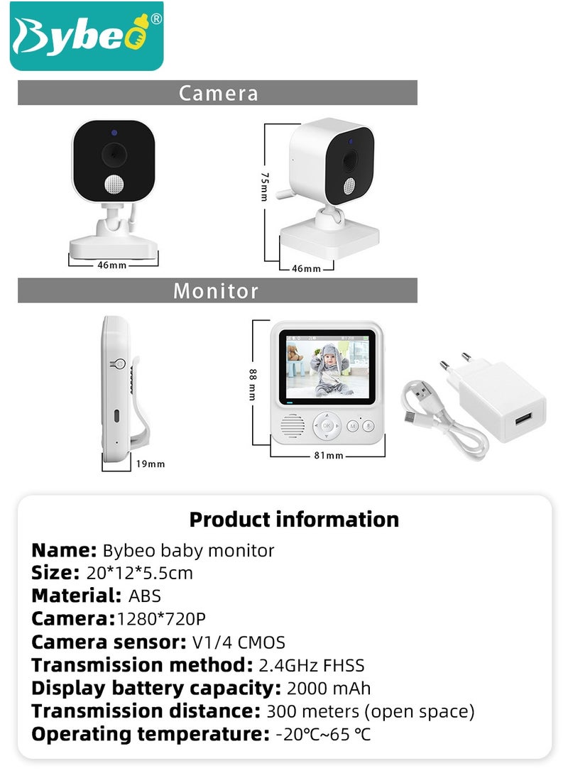 Bybeo - Upgrade Baby Monitor, 2.5 Inch LCD Display Baby Camera Monitor with Camera and 2-Way Audio, Ultra-Clear Night Vision, Temperature Sensor and 8 Lullabies, Ideal for Baby/Elderly/Pet - Image 1