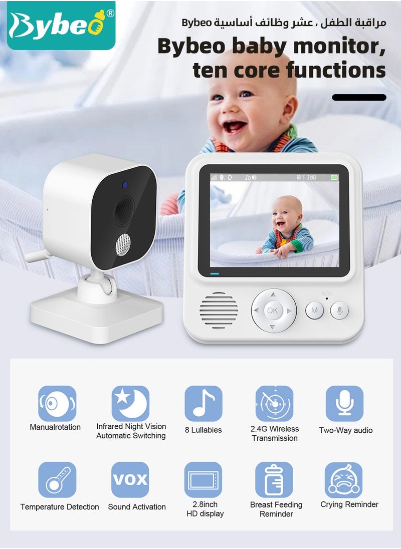 Bybeo Upgrade Baby Monitor, 2.5 Inch LCD Display Baby Camera Monitor with Camera and 2-Way Audio, Ultra-Clear Night Vision, Temperature Sensor and 8 Lullabies, Ideal for Baby/Elderly/Pet  - Image 2
