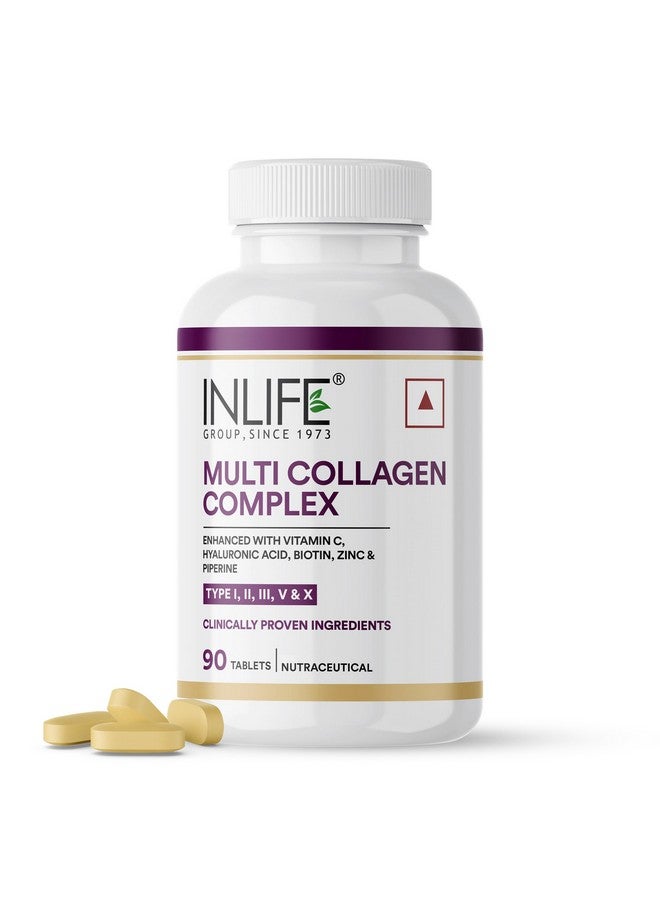 Inlife أقراص INLIFE متعددة الكولاجين المعقدة | 5 أنواع من الببتيدات I و II و III و V و X مع البيوتين وحمض الهيالورونيك | مكملات مسحوق الكولاجين للنساء والرجال - 90 قرص (عبوة من 1) - Image 1