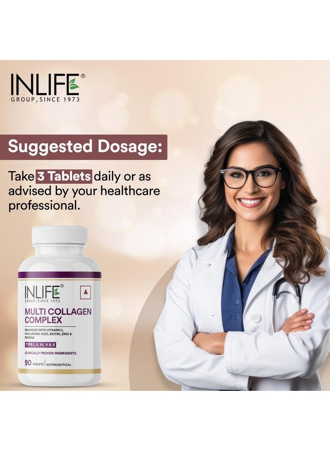 Inlife أقراص INLIFE متعددة الكولاجين المعقدة | 5 أنواع من الببتيدات I و II و III و V و X مع البيوتين وحمض الهيالورونيك | مكملات مسحوق الكولاجين للنساء والرجال - 90 قرص (عبوة من 1) - Image 3