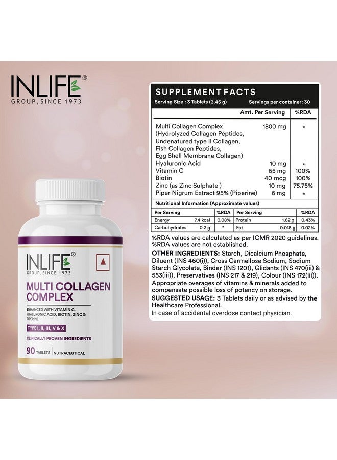 Inlife أقراص INLIFE متعددة الكولاجين المعقدة | 5 أنواع من الببتيدات I و II و III و V و X مع البيوتين وحمض الهيالورونيك | مكملات مسحوق الكولاجين للنساء والرجال - 90 قرص (عبوة من 1) - Image 2