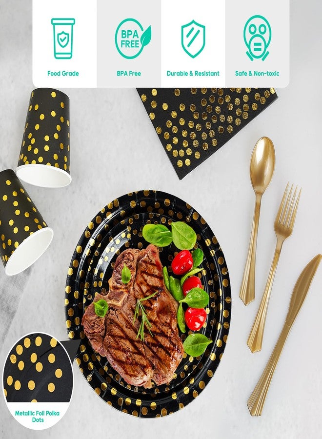 JOLLY PARTY مستلزمات حفلات باللونين الأسود والذهبي - طقم أدوات مائدة للاستخدام مرة واحدة مكون من 350 قطعة - أطباق ورقية سوداء، مناديل، أكواب، شوك، سكاكين، وملاعق بلاستيكية ذهبية اللون، مناسب للهالوين، حفلات التخرج، أعياد الميلاد، وحفلات الكوكتيل - Image 3