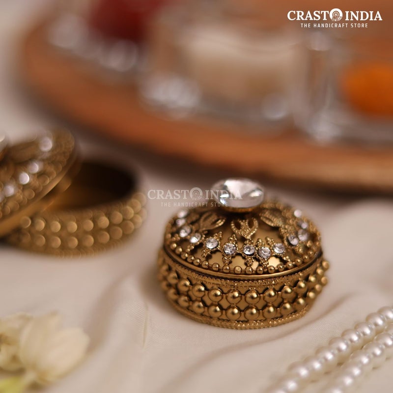CRASTO INDIA PACK OF 6 PCS HANDCRAFTED COIN BOXSINDOOR BOX STONE WORK FLOWER DABBI WITHOUT HINGE IN ANTIQUE GOLD FINISH Used for Jewellery storage jewellery organiser wedding gift - Image 4