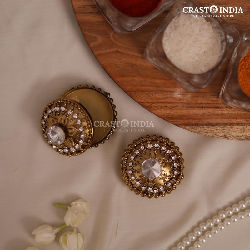 CRASTO INDIA PACK OF 6 PCS HANDCRAFTED COIN BOXSINDOOR BOX STONE WORK FLOWER DABBI WITHOUT HINGE IN ANTIQUE GOLD FINISH Used for Jewellery storage jewellery organiser wedding gift - Image 3