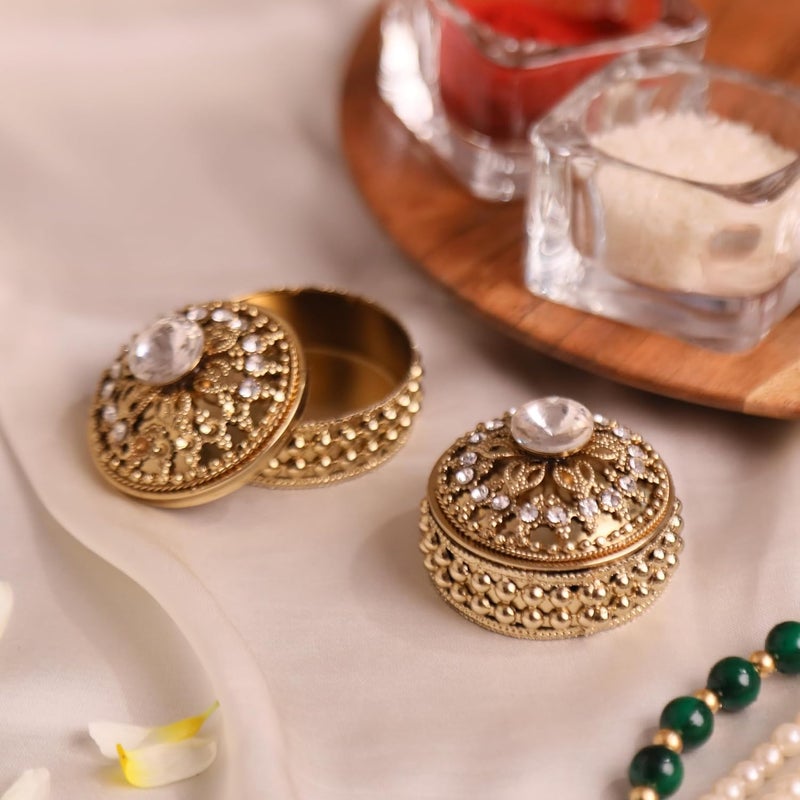 CRASTO INDIA PACK OF 6 PCS HANDCRAFTED COIN BOXSINDOOR BOX STONE WORK FLOWER DABBI WITHOUT HINGE IN ANTIQUE GOLD FINISH Used for Jewellery storage jewellery organiser wedding gift - Image 1