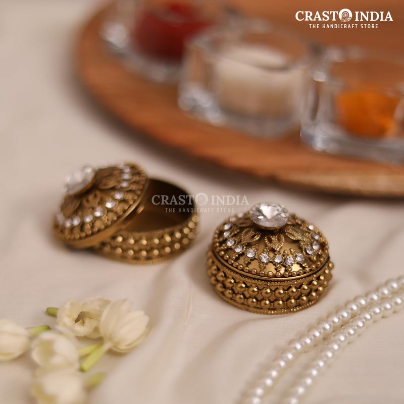 CRASTO INDIA PACK OF 6 PCS HANDCRAFTED COIN BOXSINDOOR BOX STONE WORK FLOWER DABBI WITHOUT HINGE IN ANTIQUE GOLD FINISH Used for Jewellery storage jewellery organiser wedding gift - Image 2