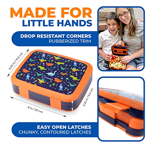 Kinsho Dinosaur Bento Lunch Box for Boys Toddlers, 5 Portion Sections Secure Lid, Microwave Safe BPA Free Removable Plastic Tray, Pre-School Kid Daycare Lunches Snack Container Ages 3 to 7 Blue Orange - Image 3