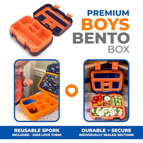 Kinsho Dinosaur Bento Lunch Box for Boys Toddlers, 5 Portion Sections Secure Lid, Microwave Safe BPA Free Removable Plastic Tray, Pre-School Kid Daycare Lunches Snack Container Ages 3 to 7 Blue Orange - Image 2