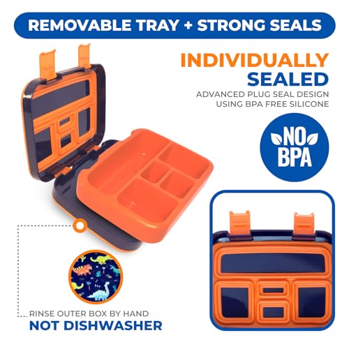 Kinsho Dinosaur Bento Lunch Box for Boys Toddlers, 5 Portion Sections Secure Lid, Microwave Safe BPA Free Removable Plastic Tray, Pre-School Kid Daycare Lunches Snack Container Ages 3 to 7 Blue Orange - Image 4