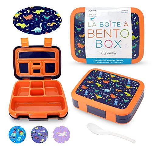 Kinsho Dinosaur Bento Lunch Box for Boys Toddlers, 5 Portion Sections Secure Lid, Microwave Safe BPA Free Removable Plastic Tray, Pre-School Kid Daycare Lunches Snack Container Ages 3 to 7 Blue Orange - Image 1