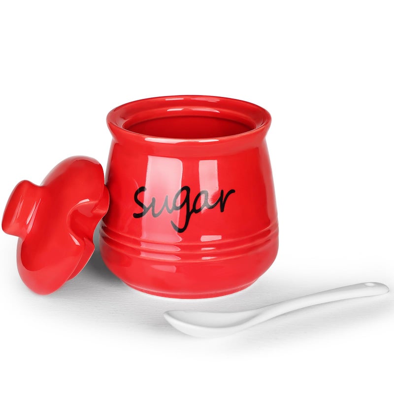HAOTOP 12oz Sugar Bowl with Lid and Spoon,Ceramic Sugar Jar Sugar Dispenser Sugar Container Coffee Bar Accessories, Kitchen Countertop Canisters, Red - Image 1