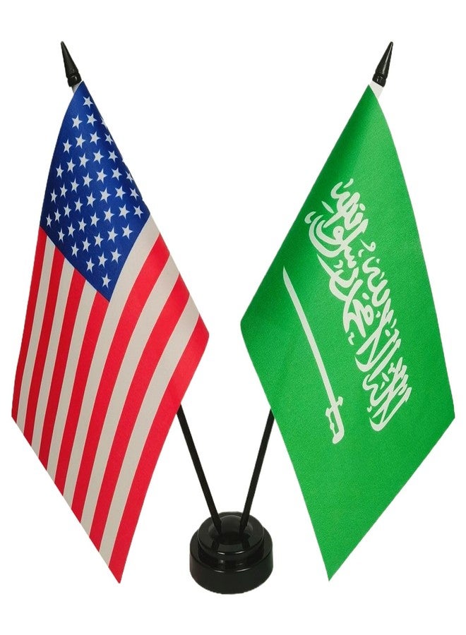 Zigvert US American & Saudi Arabia Friendship Table Flag, Arabian Flags For Room Display, US Saudi Arabia Desk Flag,US Arabia Twin Desk Flag Set- USA Saudi Arabia Combination Flag - Image 1