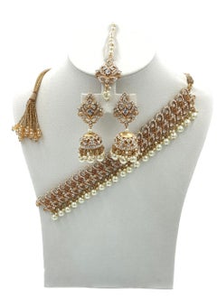 GOHONA GOHONA Royal Bling Bollywood Traditional Indian  Jewelry Necklace With Earrings Set and 1 Tikka in golden colour  - Image 1
