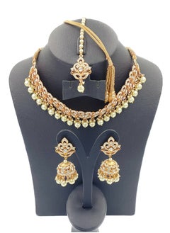 GOHONA GOHONA Royal Bling Bollywood Traditional Indian  Jewelry Necklace With Earrings Set and 1 Tikka in golden colour  - Image 2