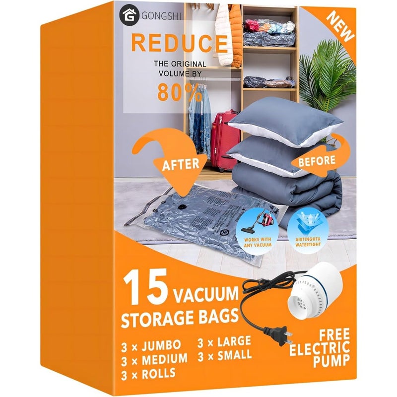 Vacuum Seal Bags for Clothing Travel and Home Storage, Travel Vacuum Bags with Pump, Space Saver for Blankets, Comforters, Pillows, Clothes, with Electric Pump