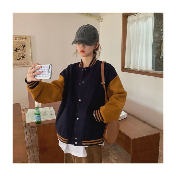2023 autumn and winter Korean style screw mouth baseball uniform womens all-match couple wear ins new Harajuku style fried street jacket jacket Navy blue 