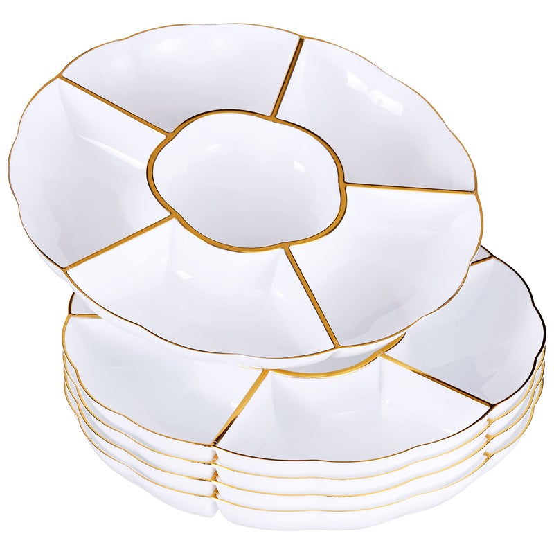 MATANA 5 White 6Compartment Plastic Trays with Gold Rim 30cm  6 Section Food Serving Platters for Party Snacks Appetizers Fruits Nibbles Condiments  Sturdy  Reusable