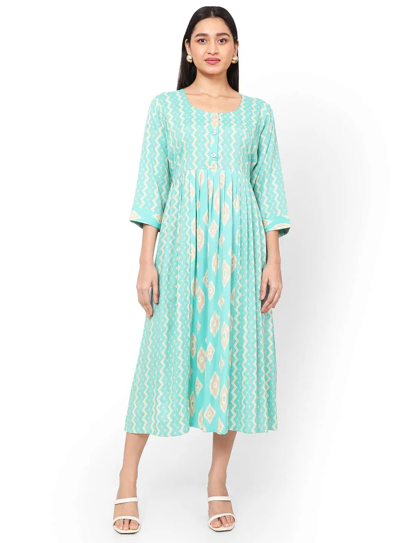HANA & SARA FRONT STYLED BUTTONED SOFT VISCOSE PRINTED SKY BLUE COLOUR SHORT ARABIC KAFTAN JALABIYA DRESS