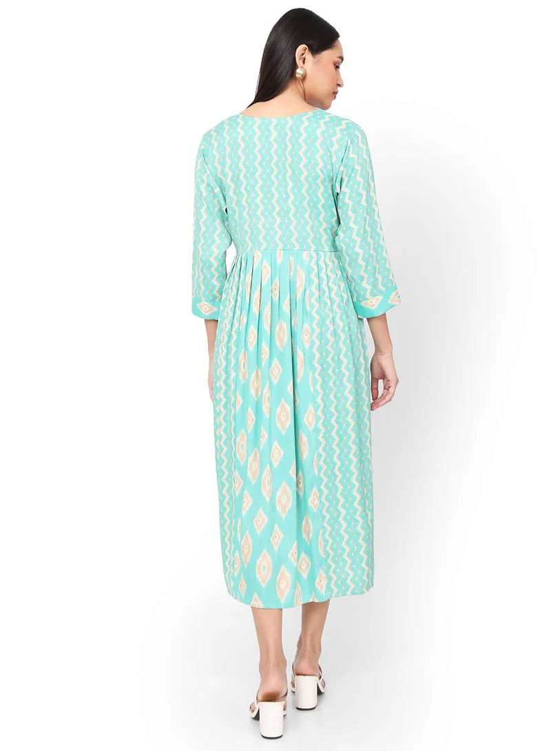 HANA & SARA FRONT STYLED BUTTONED SOFT VISCOSE PRINTED SKY BLUE COLOUR SHORT ARABIC KAFTAN JALABIYA DRESS