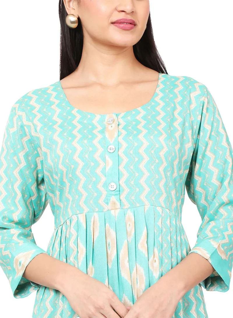 HANA & SARA FRONT STYLED BUTTONED SOFT VISCOSE PRINTED SKY BLUE COLOUR SHORT ARABIC KAFTAN JALABIYA DRESS