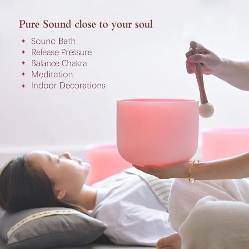 CVNC 432HZ 6-12 Inch Pink Color Frosted Quartz Crystal Singing Bowls Chakra Set of 7 with Carry Case Bags for Sound Healing and Meditation - Image 4
