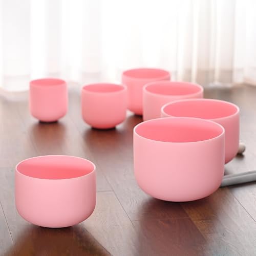 CVNC 432HZ 6-12 Inch Pink Color Frosted Quartz Crystal Singing Bowls Chakra Set of 7 with Carry Case Bags for Sound Healing and Meditation - Image 3