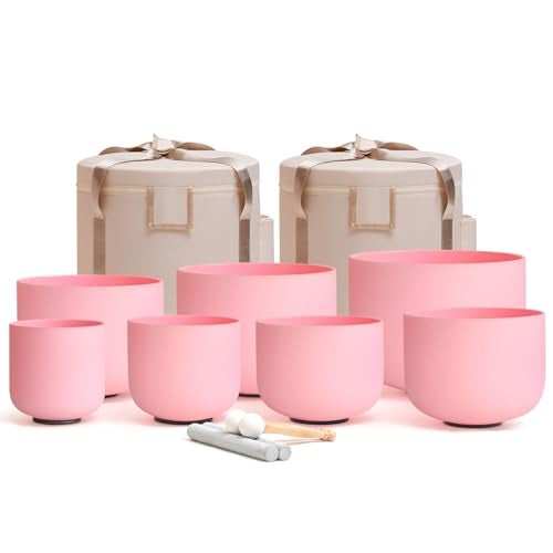 CVNC 432HZ 6-12 Inch Pink Color Frosted Quartz Crystal Singing Bowls Chakra Set of 7 with Carry Case Bags for Sound Healing and Meditation - Image 1