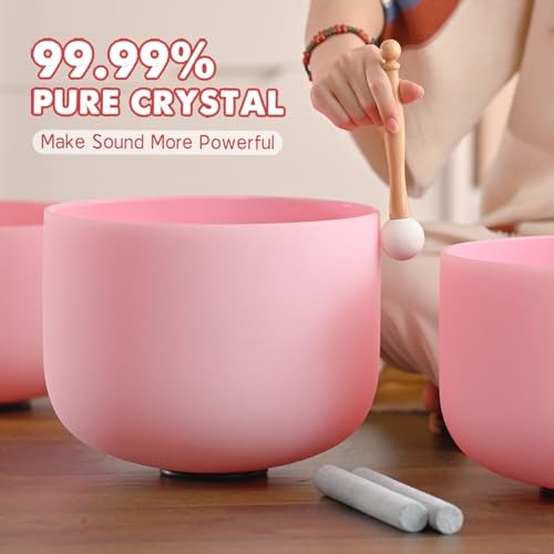 CVNC 432HZ 6-12 Inch Pink Color Frosted Quartz Crystal Singing Bowls Chakra Set of 7 with Carry Case Bags for Sound Healing and Meditation - Image 2