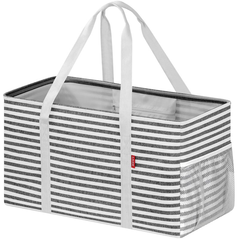 LHZK Standing Extra Large Utility Tote Bag with Metal Wire Frame and the Sides Rinforced, Extra Large Tote Bag with Handle, Reusable Grocery Bags Foldable, Beach Bag, Car Tote, Black - Image 1