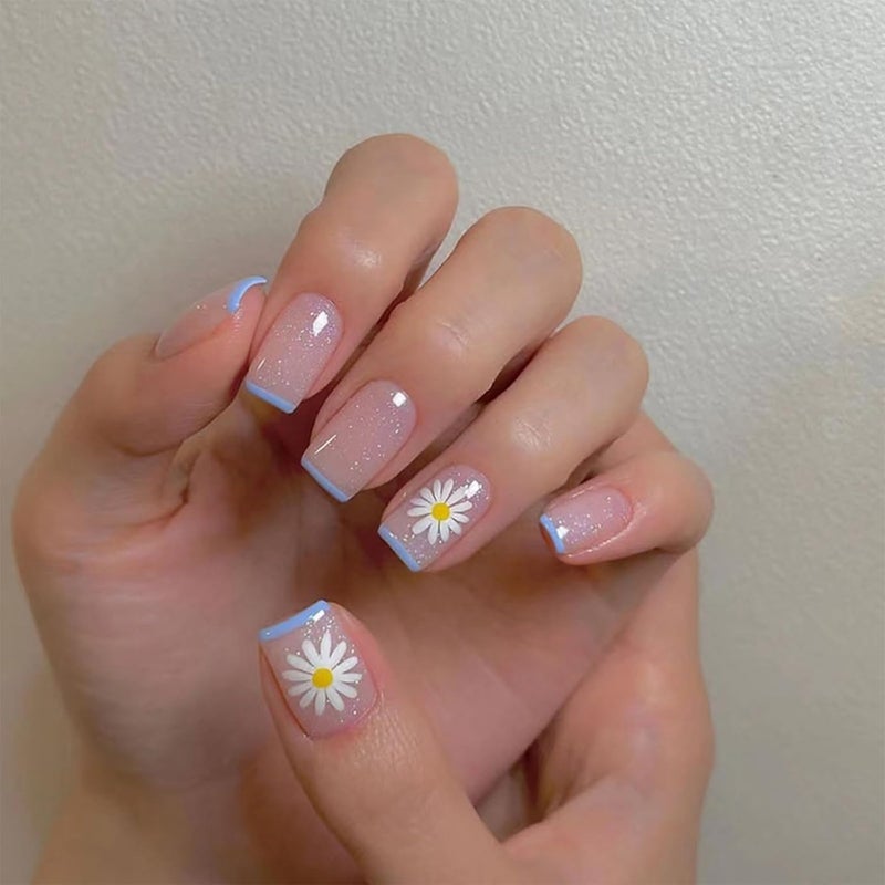 24pcs Short Square False Nails French Blue Tip Glitter Pink Daisy Flower Press Nails Removable Glueon Fake Nails Acrylic Full Cover Nails Women Girls Nail Art Accessories